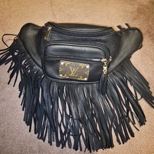 Cowgirl Black Leather Fanny Pack with Fringe & LV Patch